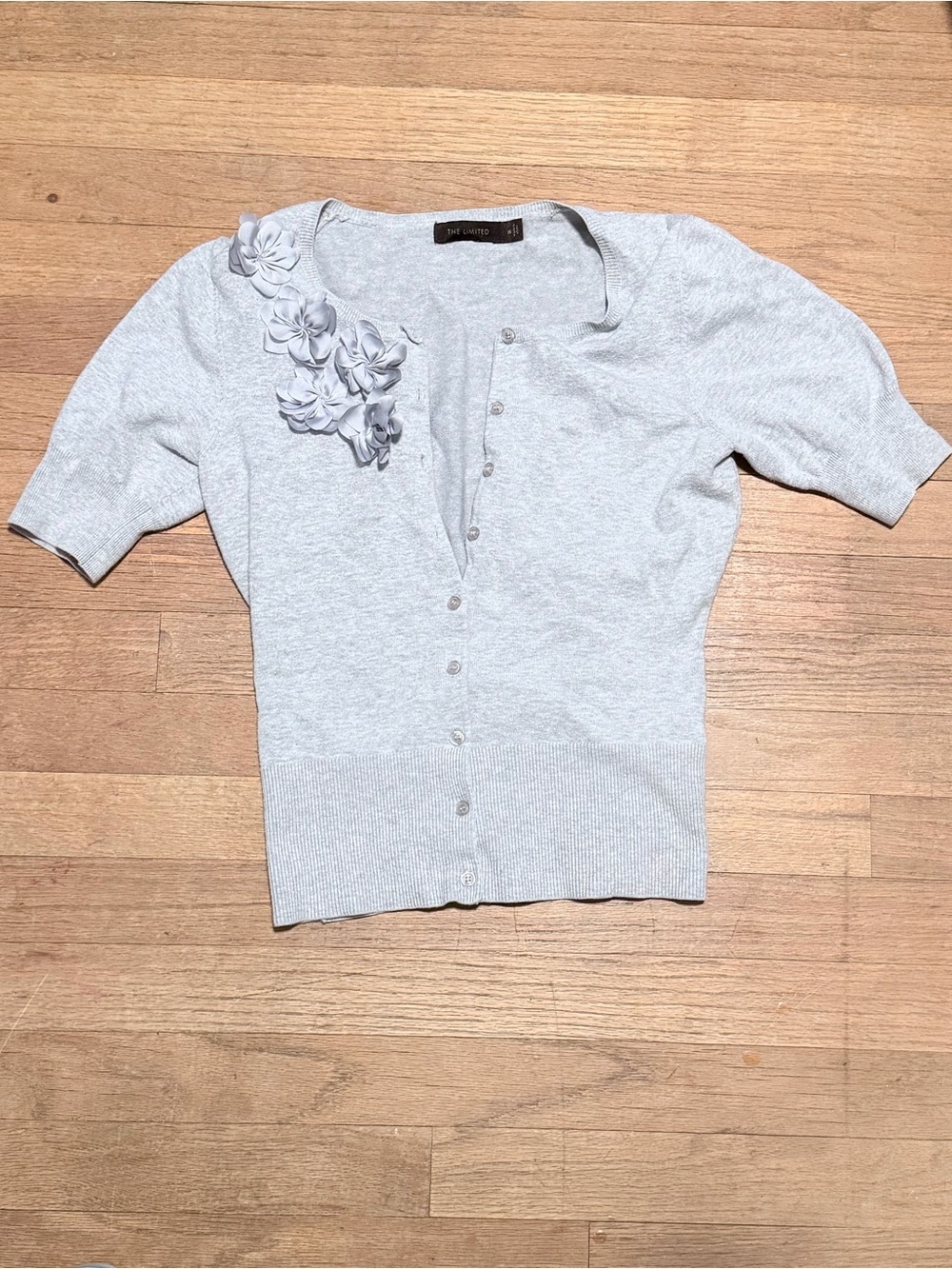 The Limited Light Gray Floral Applique Short Sleeve Cardigan